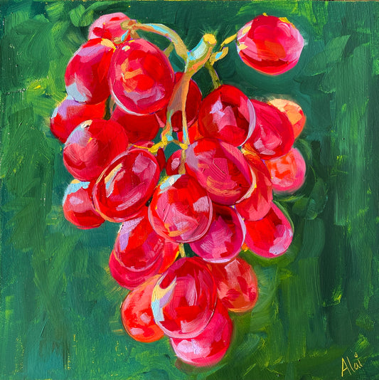Original oil painting by Alai Ganuza titled "Grapes". A cluster of ripe red grapes with vibrant light blue and pink highlights, rendered in thick impasto on a textured green background.