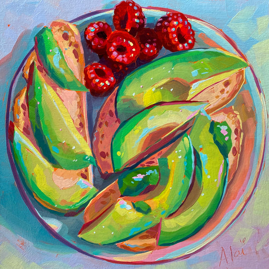 Original oil painting by Alai Ganuza titled "Avocado slices and raspberries". A top-down view of a light blue plate holding pieces of toasted bread topped with thick, vibrant green avocado slices, alongside a cluster of bright red raspberries, set against a textured pastel background.