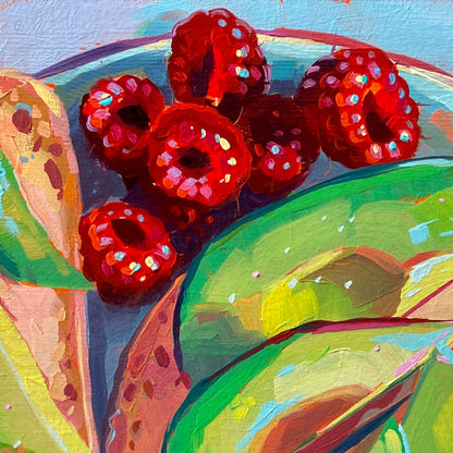 Avocado Slices and Raspberries - Original Oil Painting - Food Art - 8 inches