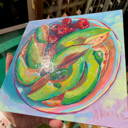 Avocado Slices and Raspberries - Original Oil Painting - Food Art - 8 inches