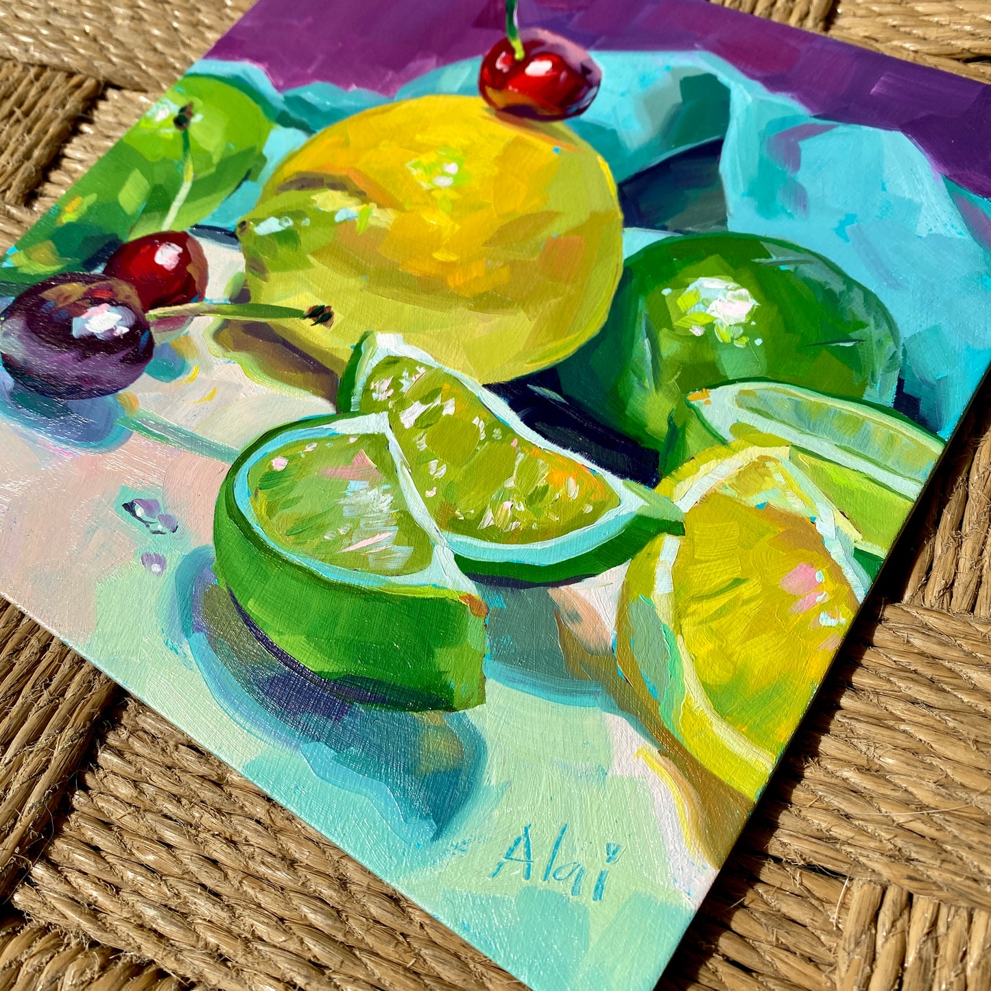 Lemons, Limes and Cherries - Original Oil Painting - Fruit Art - 8 inches