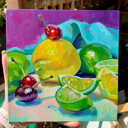 Lemons, Limes and Cherries - Original Oil Painting - Fruit Art - 8 inches