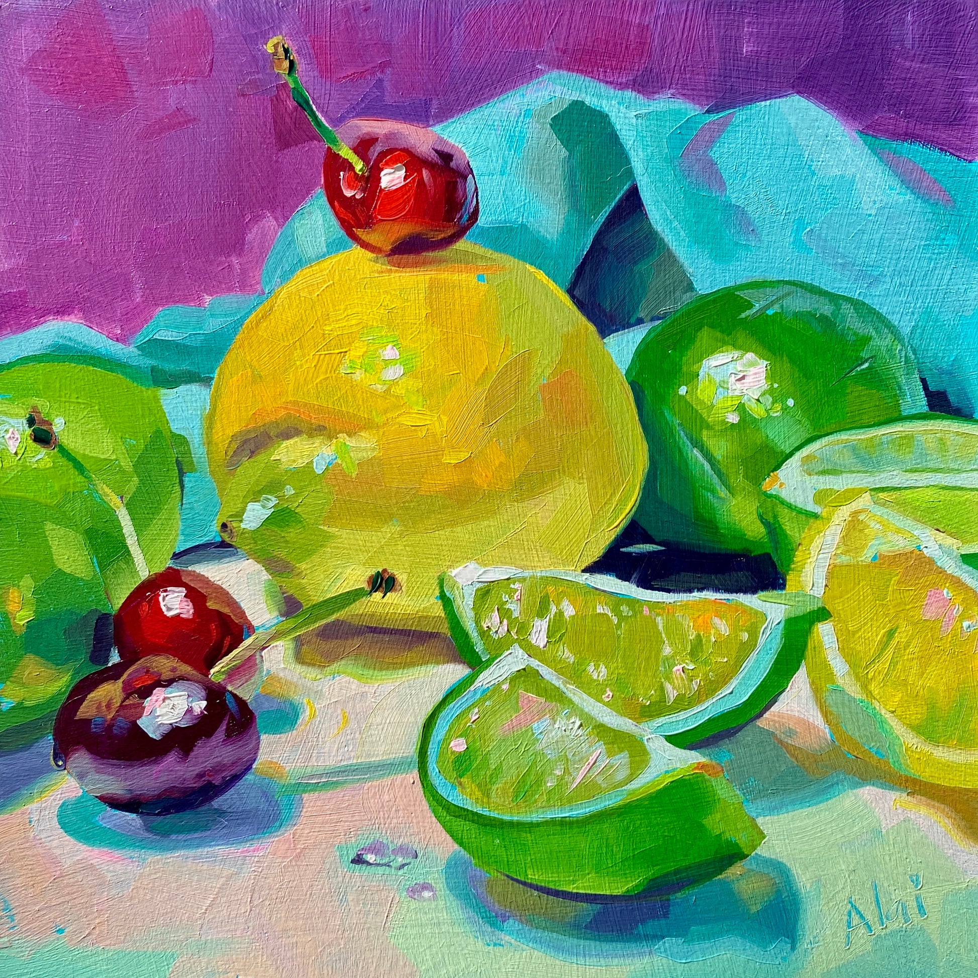 Original oil painting by Alai Ganuza titled "Lemons, limes and cherries". A bright yellow lemon, green limes, lime wedges, and glossy dark red cherries resting on a colorful pastel surface against a vibrant magenta background.