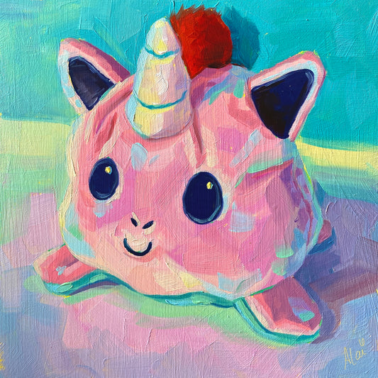 Original oil painting by Alai Ganuza titled "Unicorn plushie (happy side)". A pink unicorn plushie with a happy, smiling face, large dark eyes, and a yellow horn, rendered in thick impasto with vibrant prismatic highlights against a teal and green background.