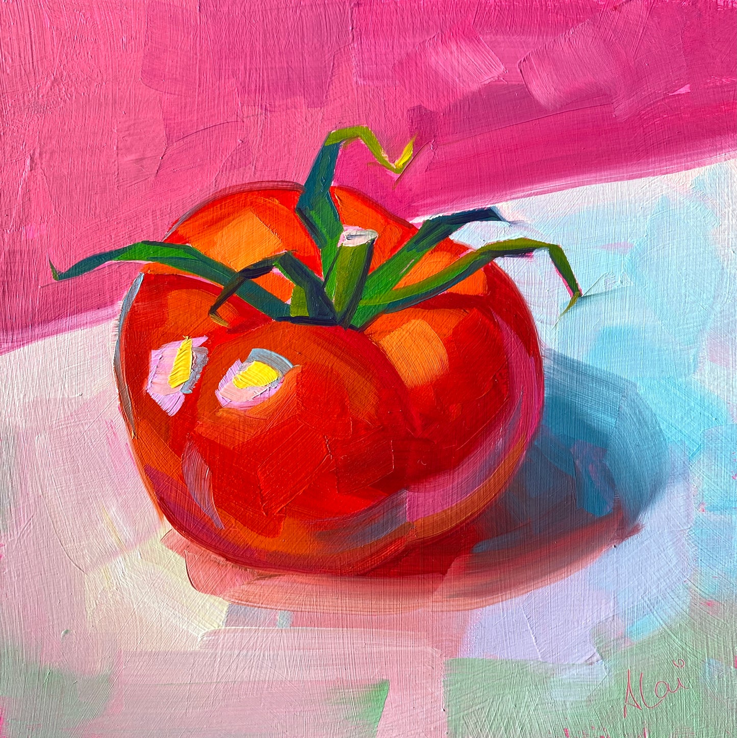 Original oil painting by Alai Ganuza titled "Tomato study II". A ripe red tomato with a green stem, featuring thick impasto brushwork against a vibrant pink and teal background with a deep blue shadow.