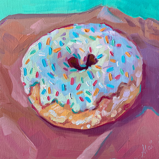 Original oil painting by Alai Ganuza titled "Donut with sprinkles". A donut with mint green icing and multi-colored sprinkles rendered in thick impasto on a textured wood panel with a purple and magenta background.