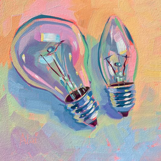 Original oil painting by Alai Ganuza titled "Lightbulbs IV". Two clear glass lightbulbs, one classic round shape and one torpedo shape, reflecting vibrant pinks, blues, and purples against a textured pastel peach and light blue background.