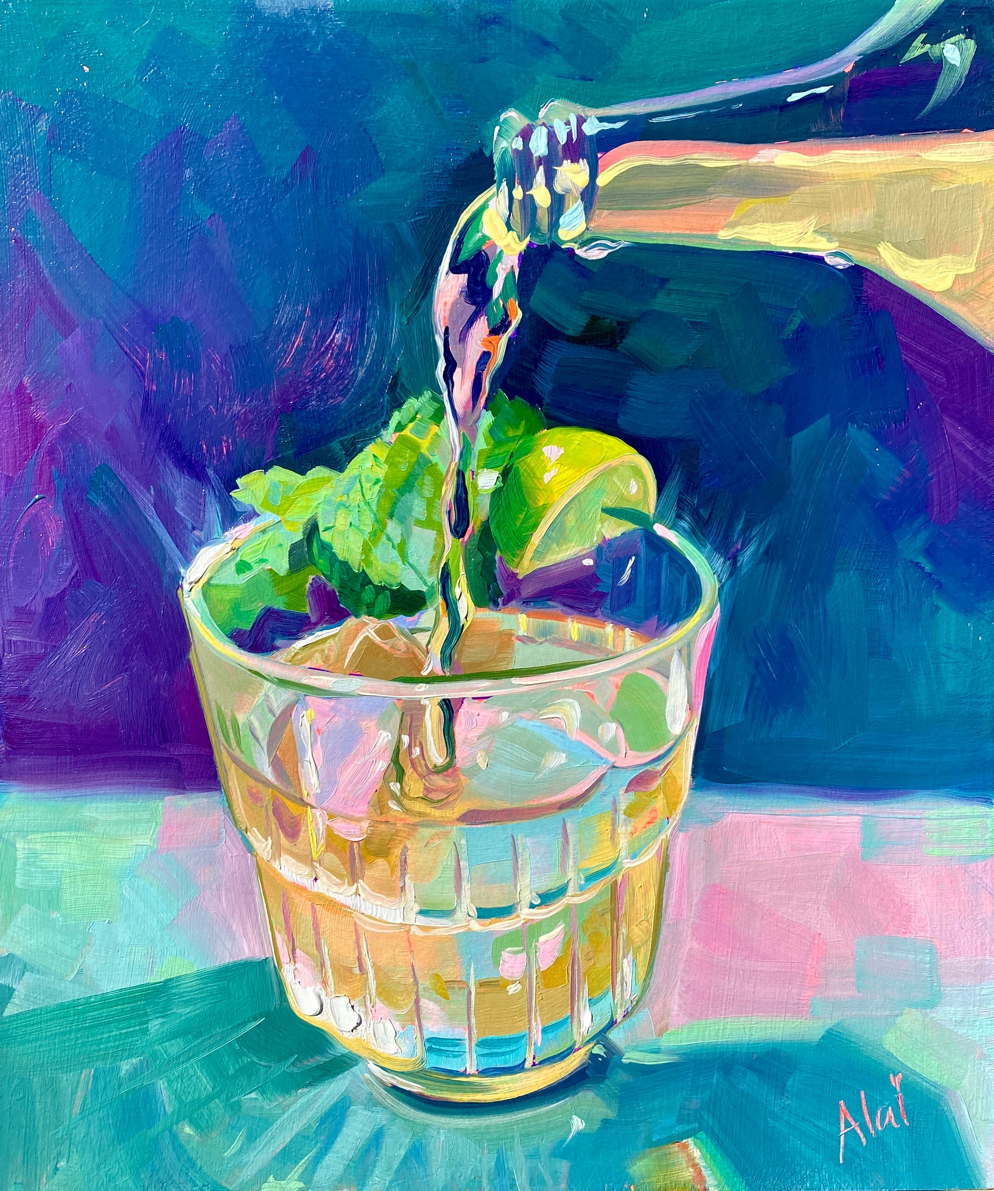 Original oil painting by Alai Ganuza titled "Ginger ale". Golden liquid is being poured from a bottle into a ribbed glass containing ice, a green lime wedge, and fresh mint leaves, set against a deep blue and purple background.
