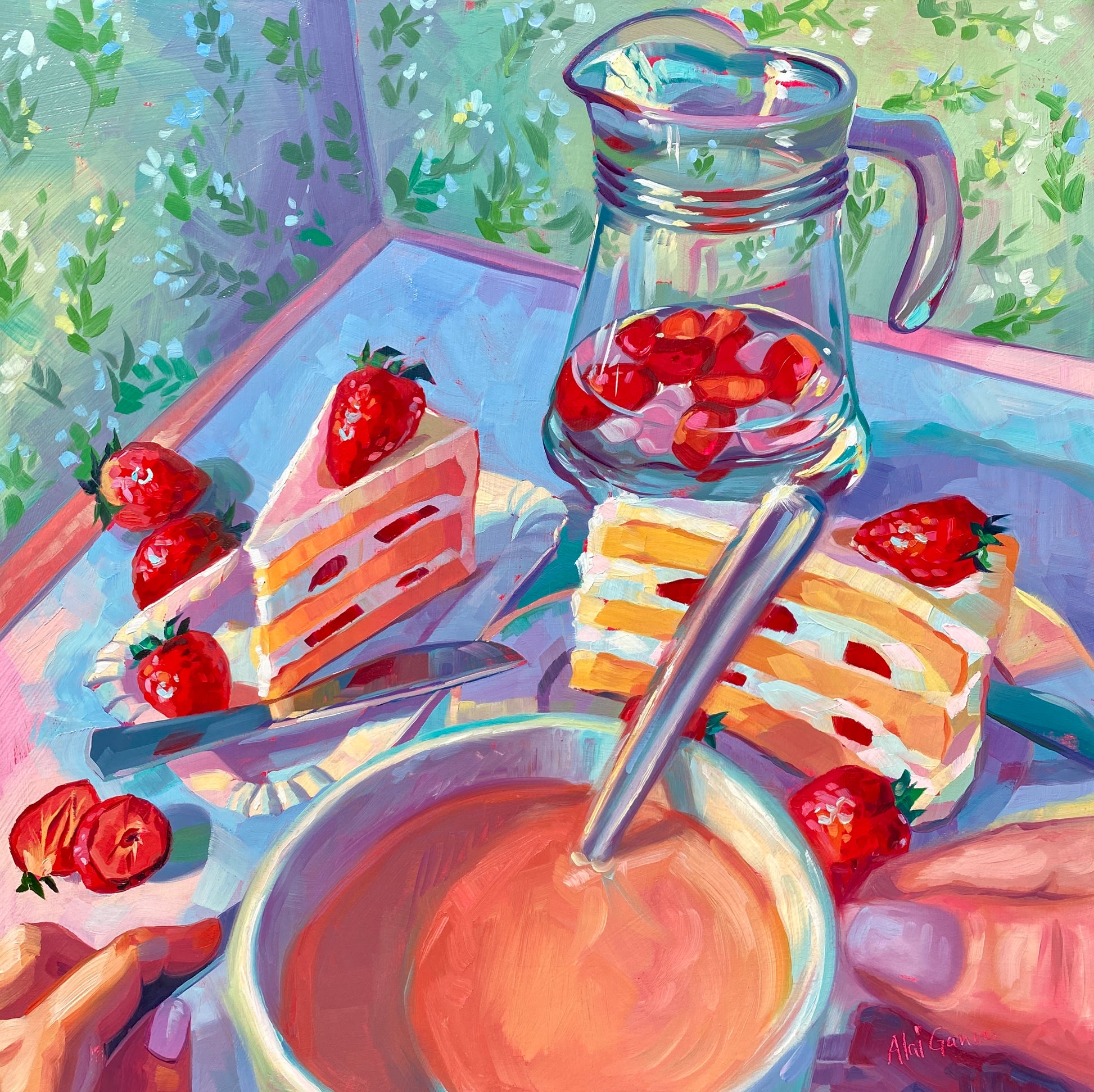 Original oil painting by Alai Ganuza titled "Strawberry shortcake meal". A bright table setting featuring two slices of layered strawberry cake, scattered fresh strawberries, a glass pitcher filled with strawberry water, and a bowl with a spoon, framed by hands resting on the table near a sunny, floral window.