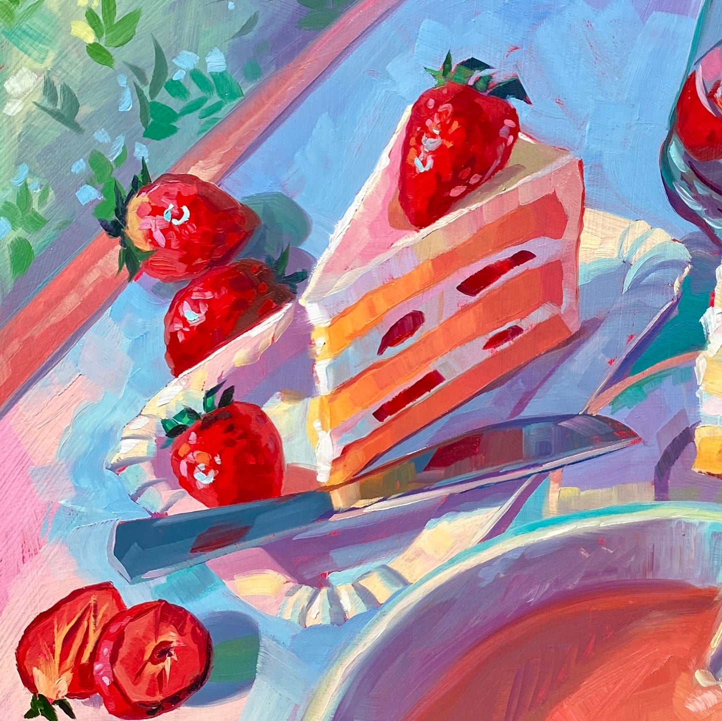 Strawberry Shortcake Meal - Original Oil Painting - Dessert Art - 16 inches