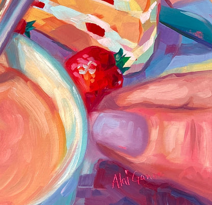 Strawberry Shortcake Meal - Original Oil Painting - Dessert Art - 16 inches
