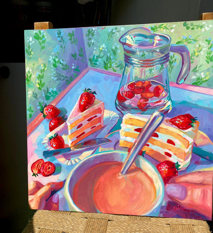 Strawberry Shortcake Meal - Original Oil Painting - Dessert Art - 16 inches