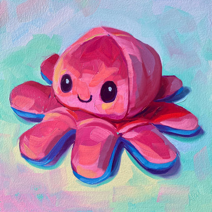 Original oil painting by Alai Ganuza titled "Fucsia octopus plushie (happy side)". A fuchsia/pink reversible octopus toy with a happy, smiling face and big black eyes, rendered in thick impasto with vibrant prismatic highlights against a soft, atmospheric background.