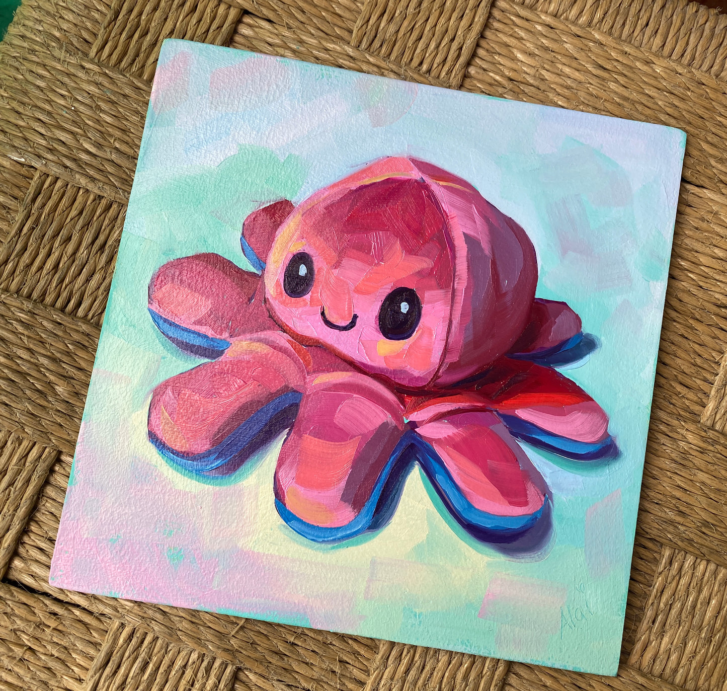 Peluche pulpo fucsia (lado feliz) Óleo