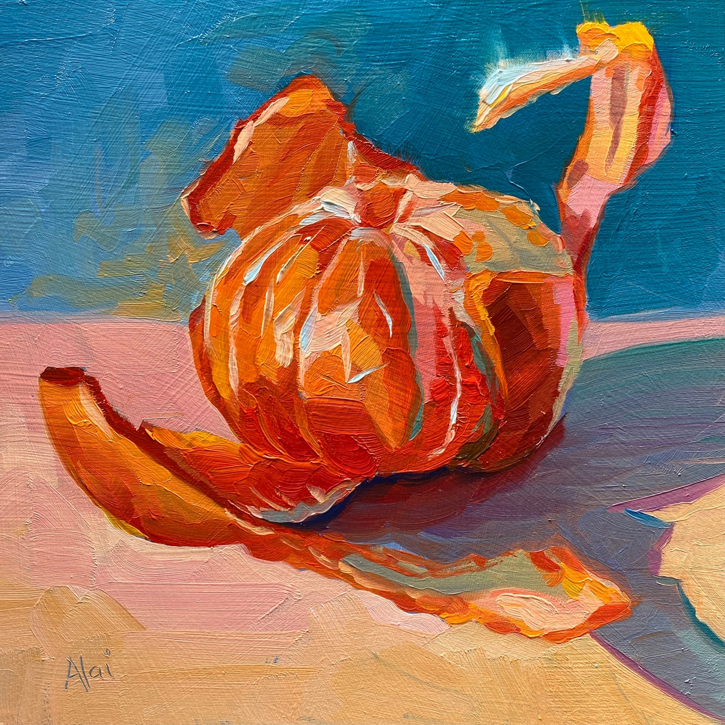 Original oil painting by Alai Ganuza titled "Tangerine". A peeled tangerine with vibrant orange segments and a curling peel, rendered in thick impasto on a pink surface against a deep teal background.
