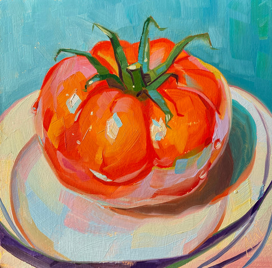 Original oil painting by Alai Ganuza titled "Tomato III". A ripe tomato in fiery orange and red tones with a green stem, featuring thick impasto brushwork and light blue highlights against a vibrant teal background.