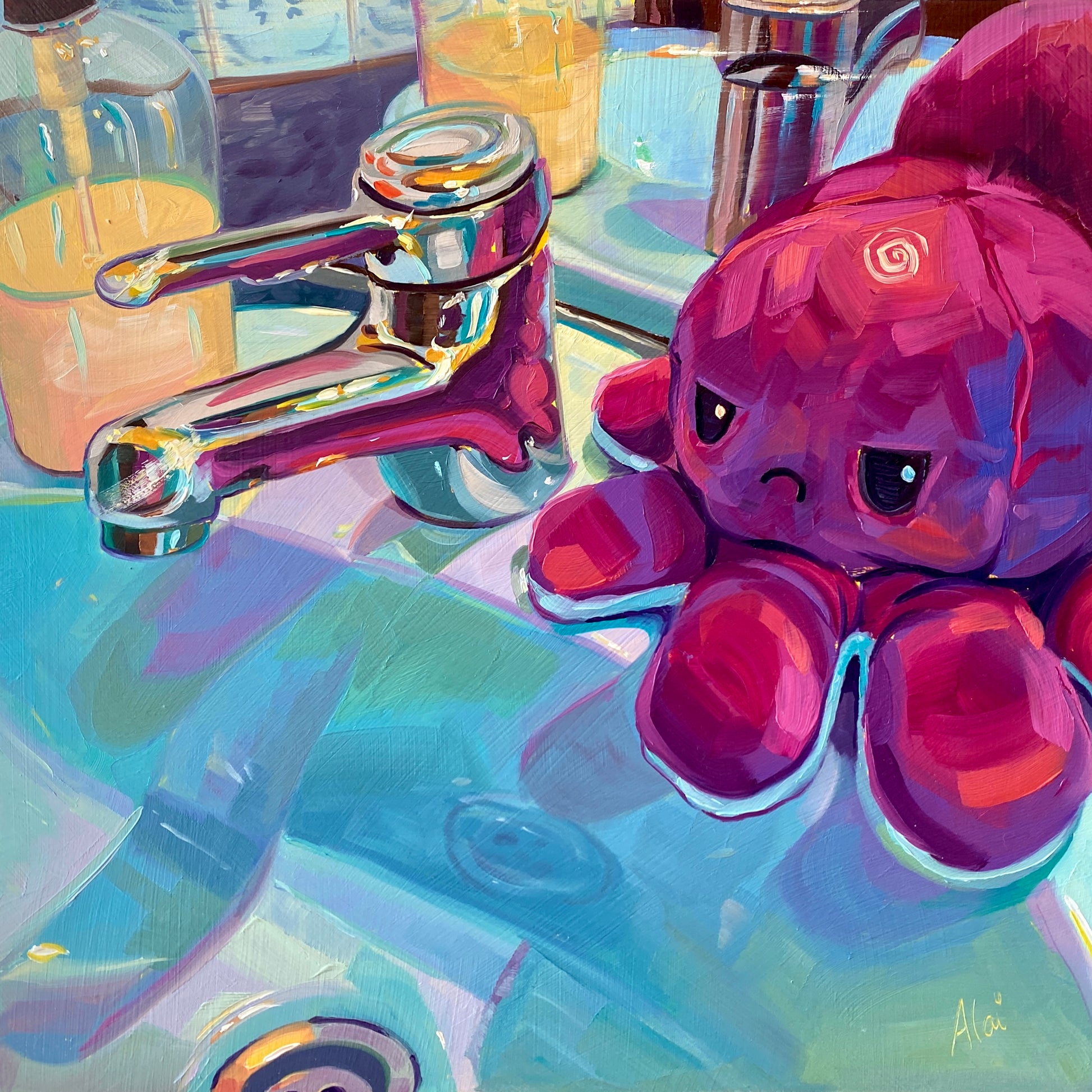 Original oil painting by Alai Ganuza titled "Octopus and Sink Tap". A fuchsia/magenta reversible octopus plushie with a sad face sits beside a highly reflective chrome sink tap in a bright teal sink basin, rendered in thick impasto with prismatic highlights.
