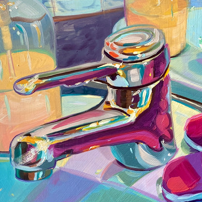 Octopus and Sink Tap - Original Oil Painting - 12x12 inches