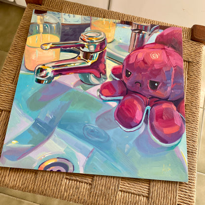 Octopus and Sink Tap - Original Oil Painting - 12x12 inches