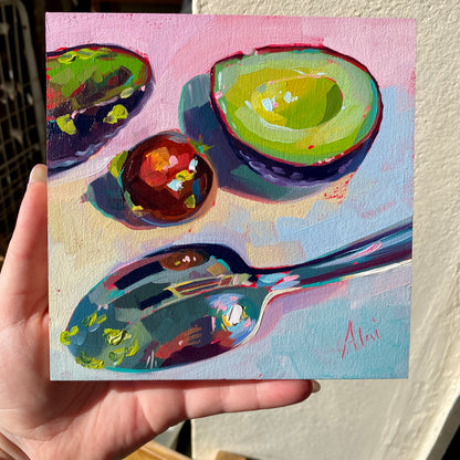 Avocado and Spoon II - Original Oil Painting - Kitchen Art - 6 inches