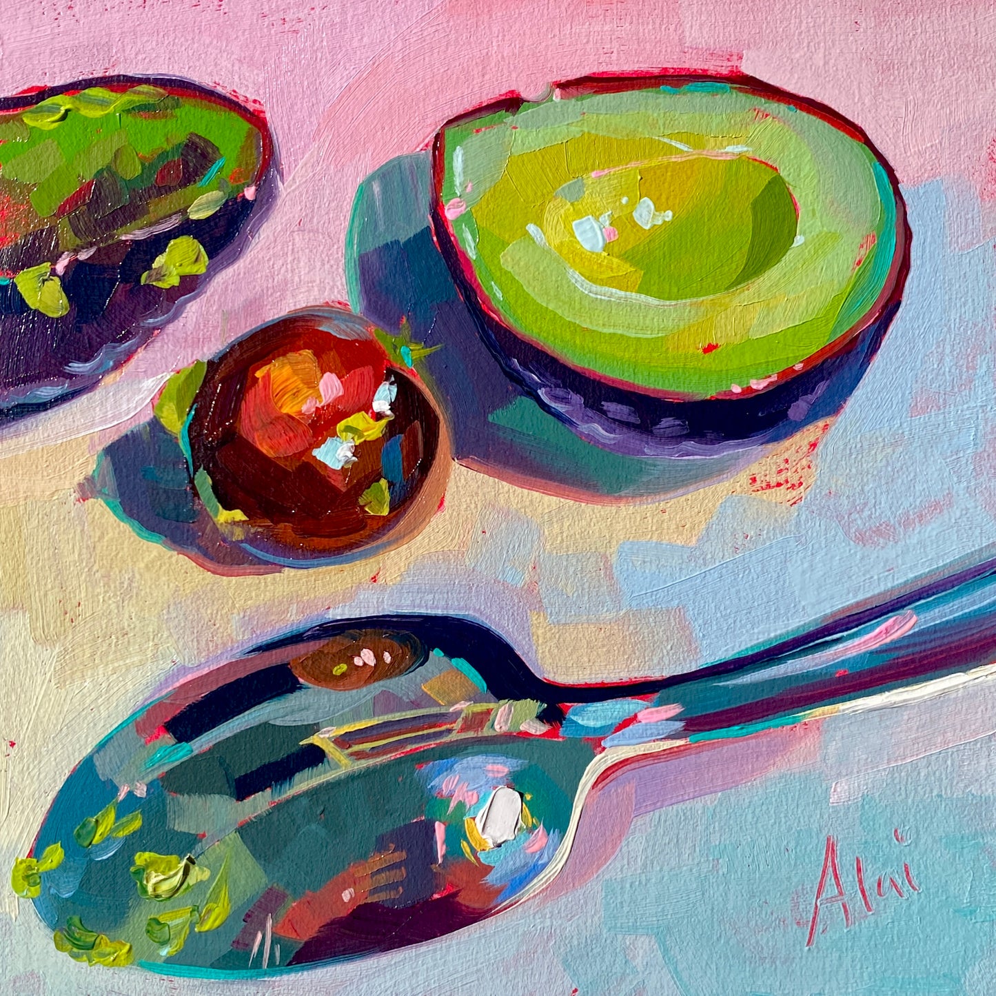 Original oil painting by Alai Ganuza titled "Avocado and spoon II". A vibrant green avocado half, a dark red tomato, and a large metallic spoon reflecting the scene, painted over a pink underpainting on a pastel background.