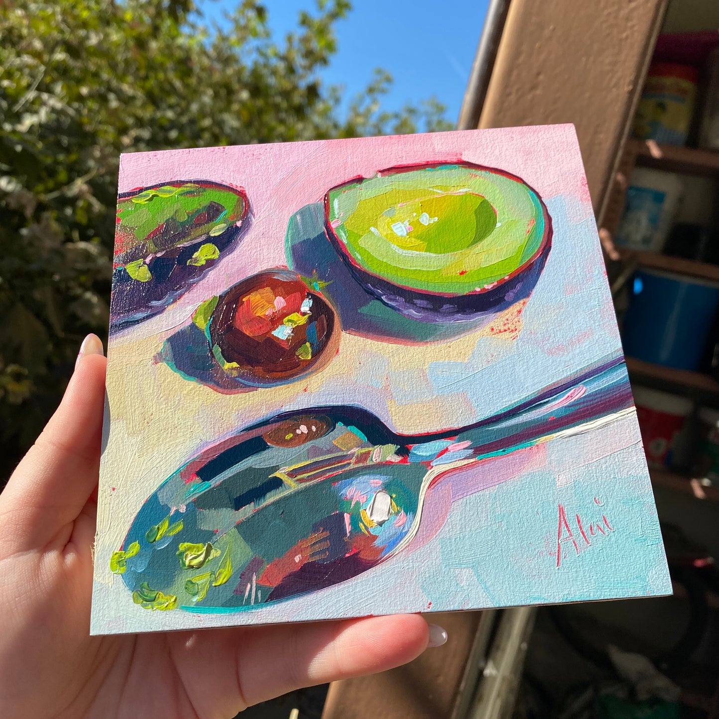 Avocado and Spoon II - Original Oil Painting - Kitchen Art - 6 inches