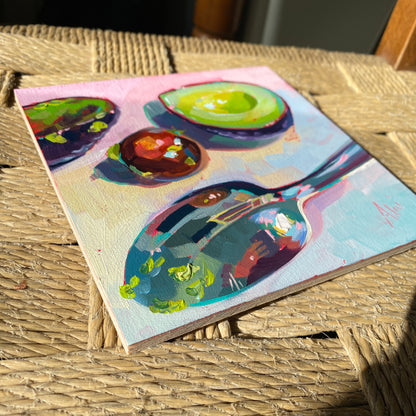 Avocado and Spoon II - Original Oil Painting - Kitchen Art - 6 inches
