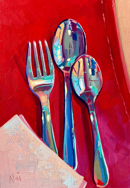 Original oil painting by Alai Ganuza titled "Cutlery". A metallic fork and two spoons reflecting vibrant blues, pinks, and greens, resting on a bright, heavily textured red background next to a textured light pink napkin.