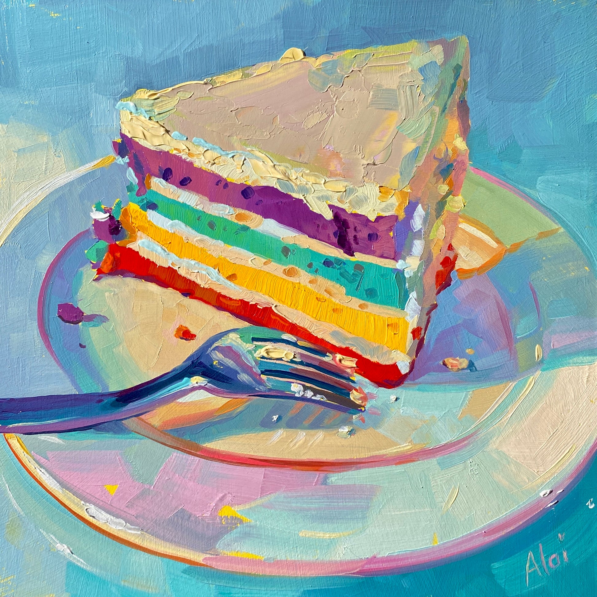 Original oil painting by Alai Ganuza titled "Rainbow cake and fork". A vibrant slice of multi-layered rainbow cake resting on a pastel plate alongside a metallic fork reflecting blue and purple hues, set against a light blue background.