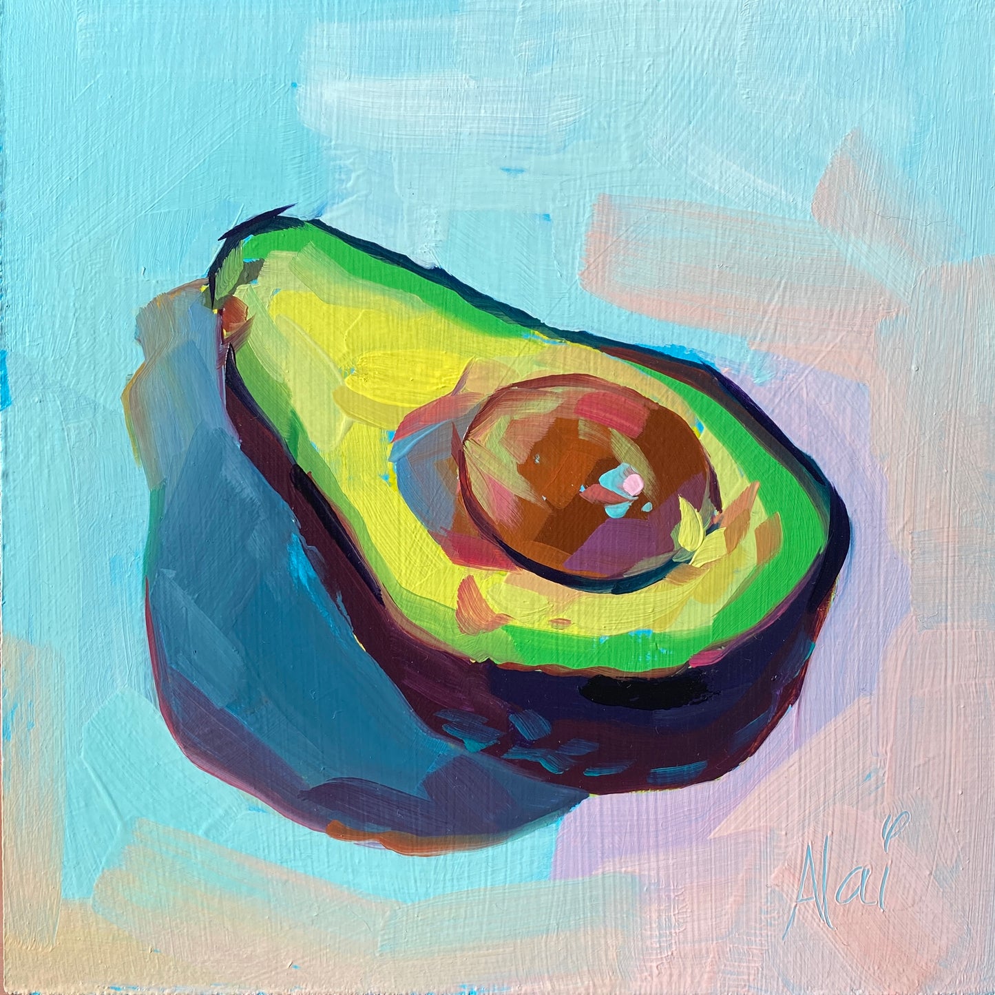 Original oil painting by Alai Ganuza titled "Avocado study I". A single ripe avocado half with a warm brown pit, rendered in thick green and yellow impasto brushstrokes against a light sky-blue background with a deep purple shadow.