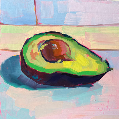 Original oil painting by Alai Ganuza titled "Avocado study II". A ripe avocado half with a large pit, painted with thick impasto in shades of lime green and yellow against a soft, multi-colored pastel background.