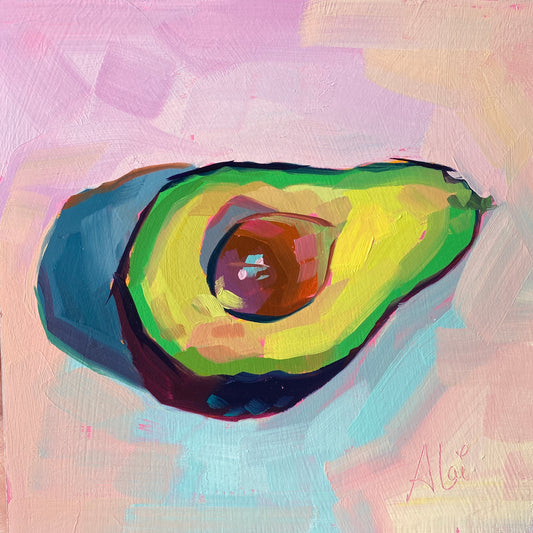 Original oil painting by Alai Ganuza titled "Avocado study III". A ripe avocado half with a large brown pit, painted with thick impasto in shades of lime green and yellow against a textured pink and lavender background.