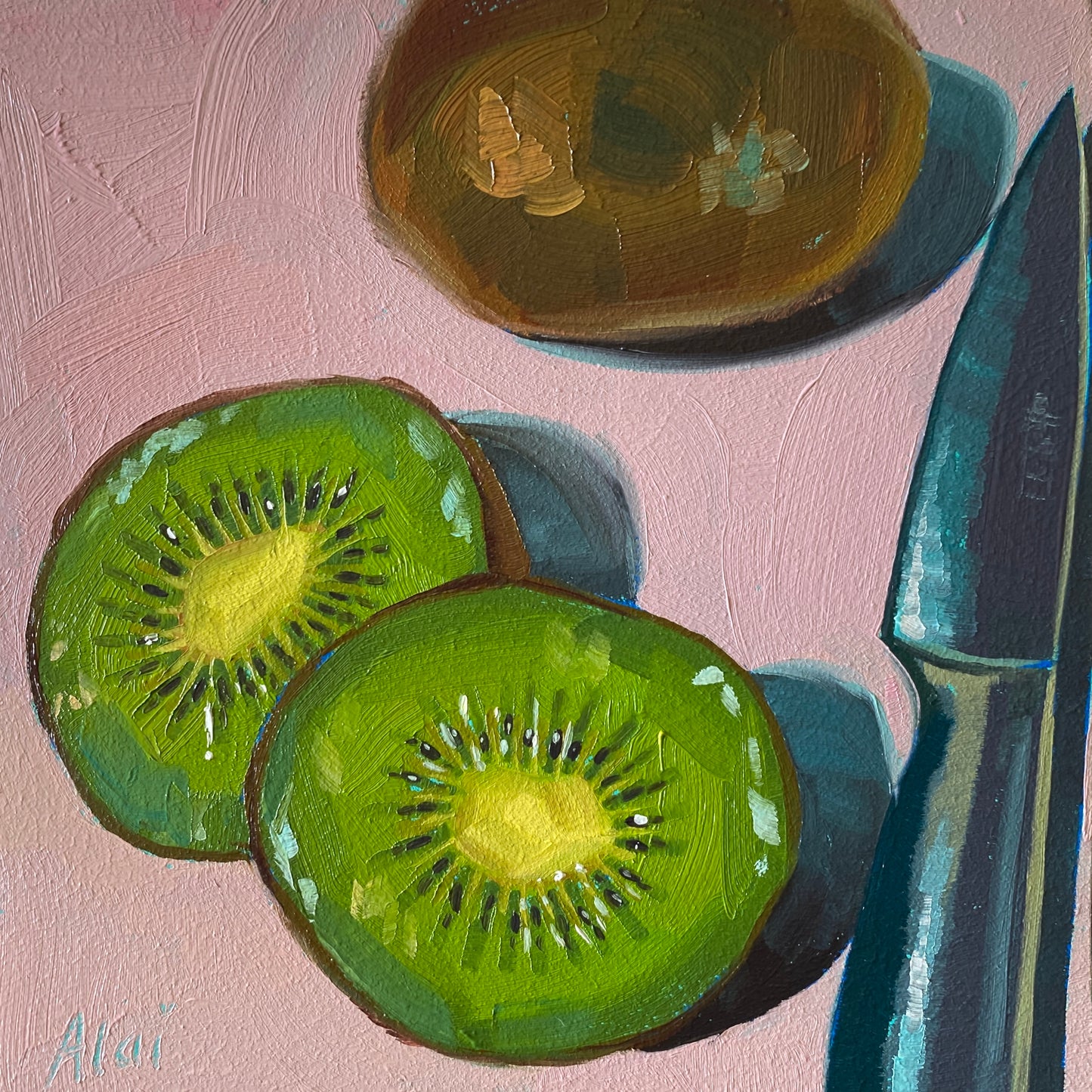 Original oil painting by Alai Ganuza titled "Kiwis and knife". Two bright green kiwi slices and a whole kiwi rendered in thick impasto on a pink background, with a dark blue and teal metallic knife on the right.
