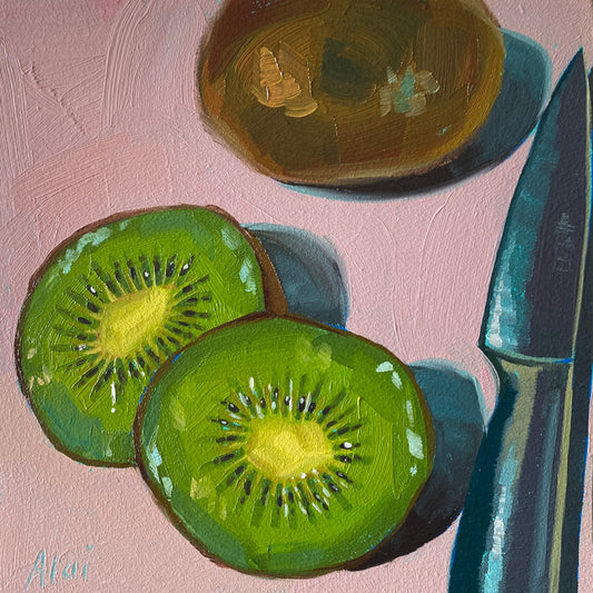 Original oil painting by Alai Ganuza titled "Kiwis and knife". Two bright green kiwi slices and a whole kiwi rendered in thick impasto on a pink background, with a dark blue and teal metallic knife on the right.
