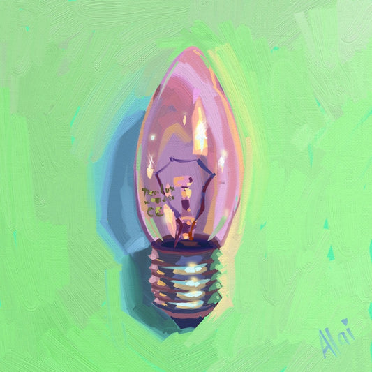 Original oil painting by Alai Ganuza titled "Pink Lightbulb". A luminous, torpedo-shaped glass lightbulb painted in warm pinks and purples, casting a cool blue shadow against a highly textured, vibrant light green background.