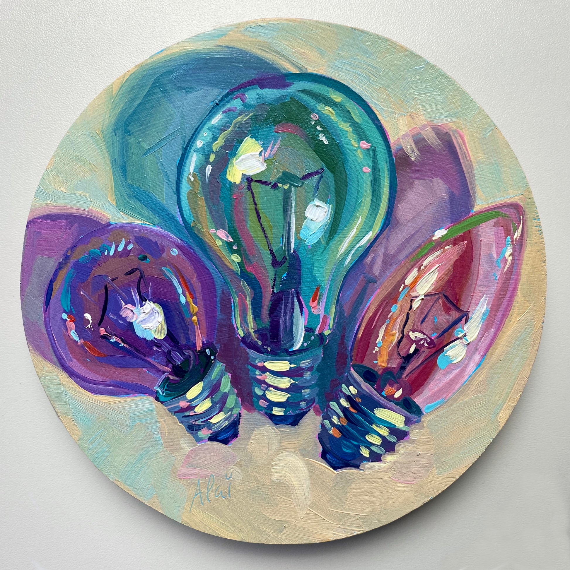 Original oil painting by Alai Ganuza titled "Colorful Lightbulbs". Three stylized lightbulbs in teal, purple, and pink rendered in thick impasto on a circular wood panel.