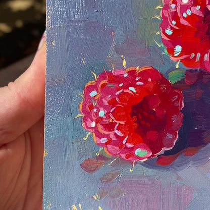 Three Raspberries in Gold - Original Oil Painting - Fruit Art - 4.75 inches