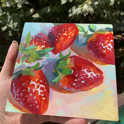 Five Strawberries - Original Oil Painting - Fruit Art - 6 inches