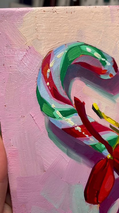 Candy Cane - Original Oil Painting - Holiday Wall Art - 6 inches