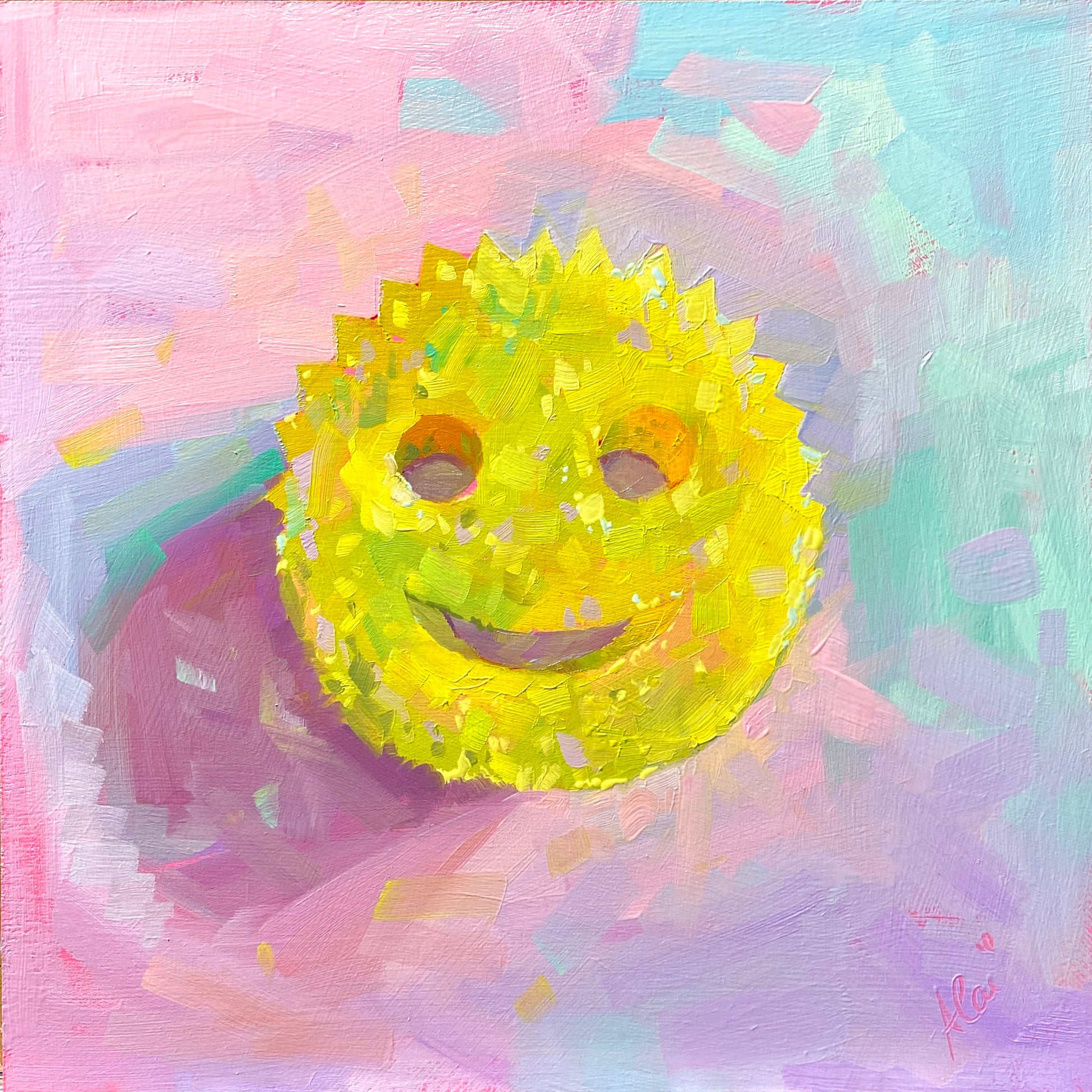 Original oil painting by Alai Ganuza titled "Scrub Daddy". A bright yellow smiley face scrubbing sponge rendered in thick impasto strokes against a soft, pastel background of pinks, lilacs, and mint greens on a square wood panel.