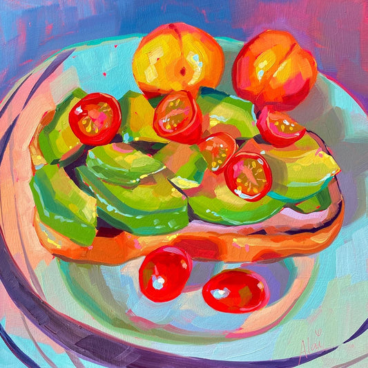 Original oil painting by Alai Ganuza titled "Avocado toast III". Slices of ripe avocado topped with halved cherry tomatoes on toasted bread, rendered in thick impasto on a light teal and lavender background.