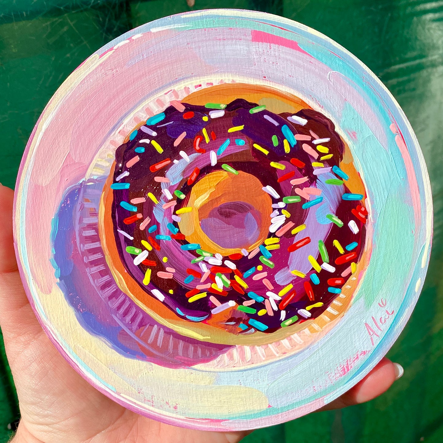 Rainbow Donut on Round - Original Oil Painting - Circular Food Art - 6 inches