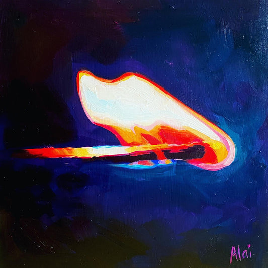 Original oil painting by Alai Ganuza titled "Match". A lit matchstick with a glowing white and orange flame against a dark blue background, featuring thick impasto and a neon pink underpainting.