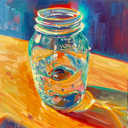 Water Mason Jar - Original Oil Painting - Glass Still Life - 9 inches