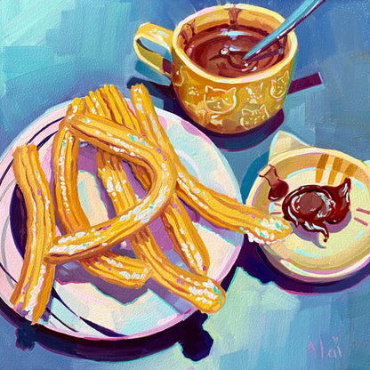 Original oil painting by Alai Ganuza titled "Chocolate con Churros". A white plate of golden sugar-dusted churros sits next to a yellow cat-themed mug filled with hot chocolate on a teal background with pink underpainting.