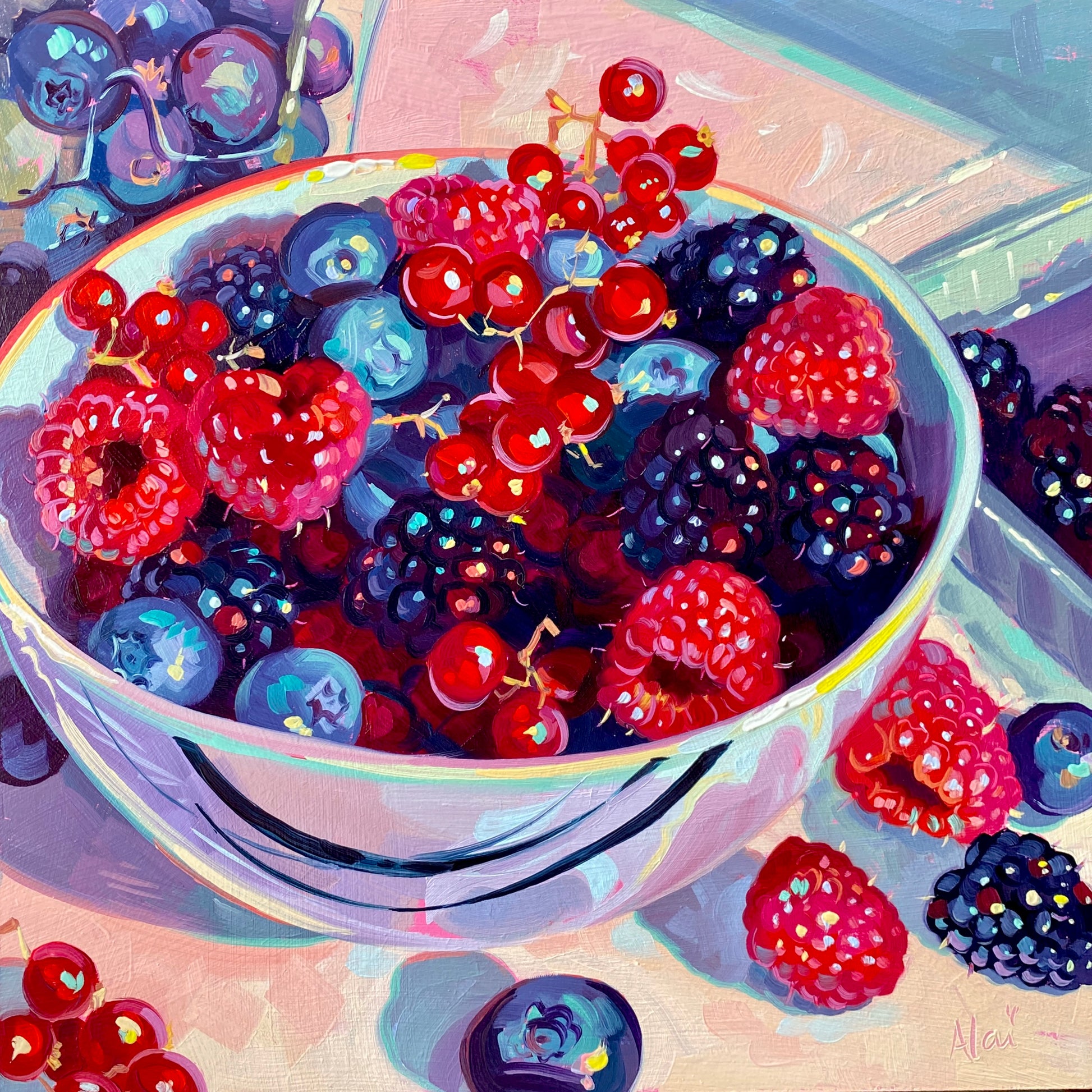Original oil painting by Alai Ganuza titled "Berry Bowl II". A white ceramic bowl overflowing with raspberries, blackberries, blueberries, and red currants, with more fruit scattered on a pastel pink and peach table surface.