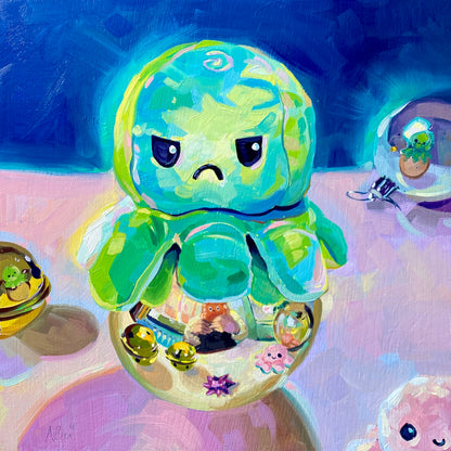 Grumpy octopus on a shiny ball - Pintura Original al Óleo