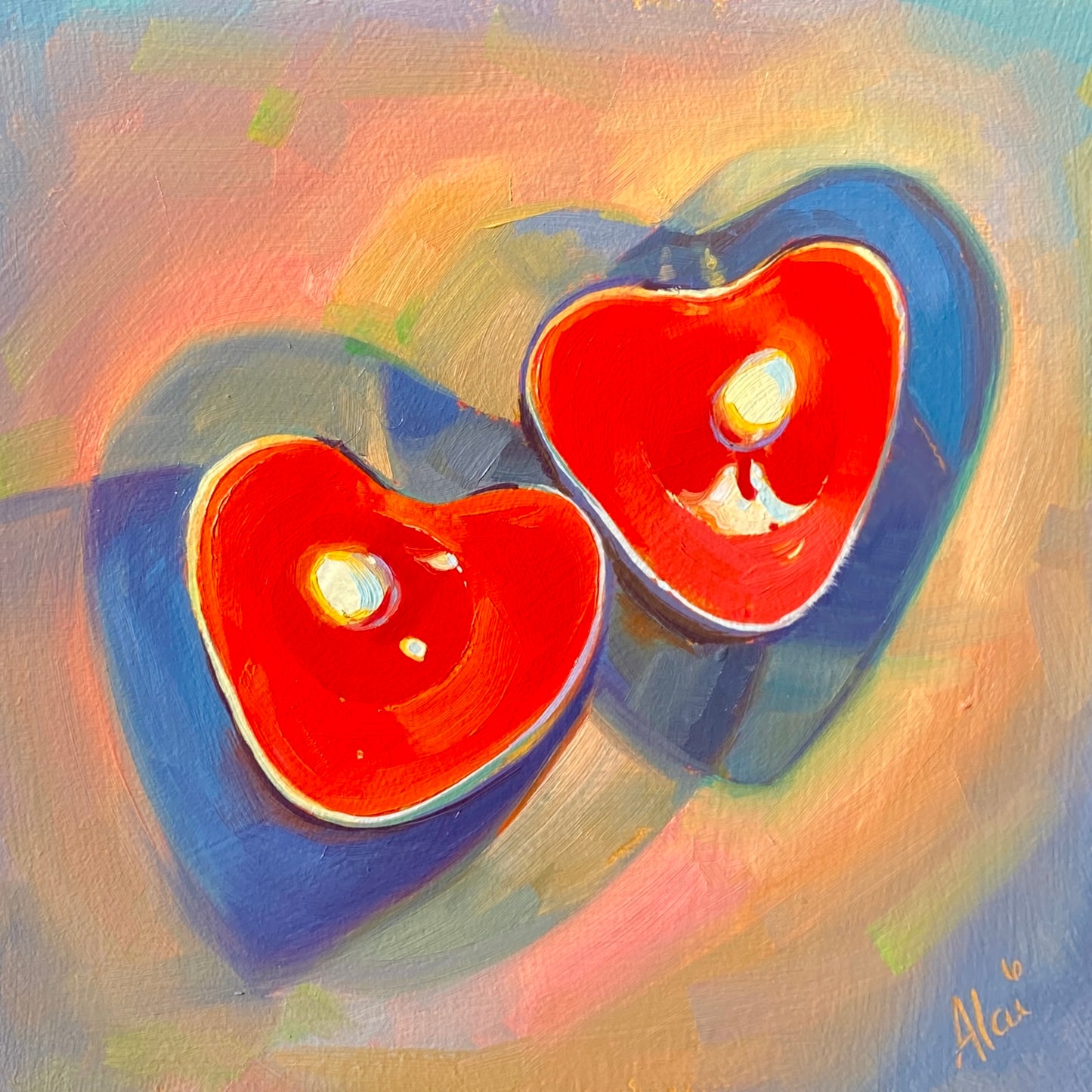 Original oil painting by Alai Ganuza titled "Heart Candles". Two red heart-shaped tea light candles with bright flames casting blue shadows on a pastel peach and blue background, painted on a square aluminum panel.