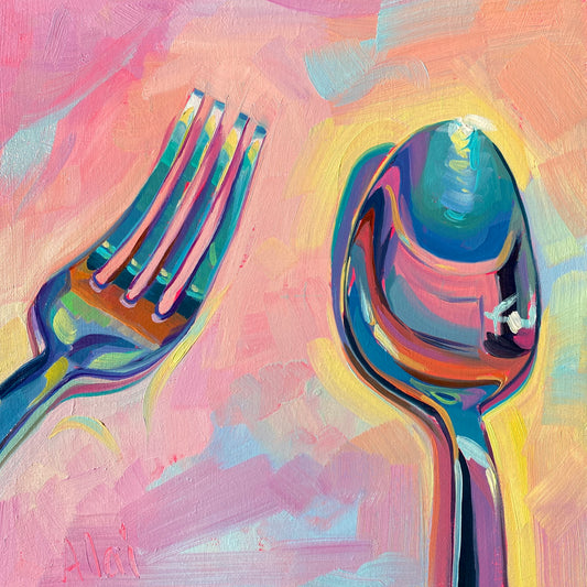 Original oil painting by Alai Ganuza titled "Fork and spoon II". A close-up of a reflective metal fork and spoon rendered in thick impasto with vibrant teal, purple, and orange reflections on a soft pink and yellow background.