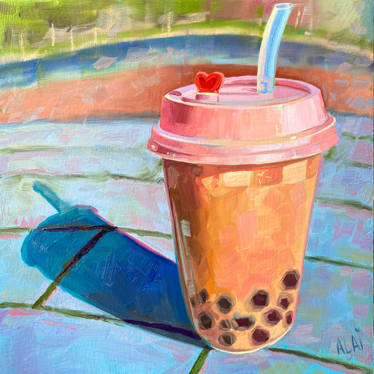 Original oil painting by Alai Ganuza titled "Boba Tea". A plastic cup of milk tea with dark boba pearls, a bright pink lid, and a blue straw, casting a long blue shadow on a tiled surface in thick impasto.